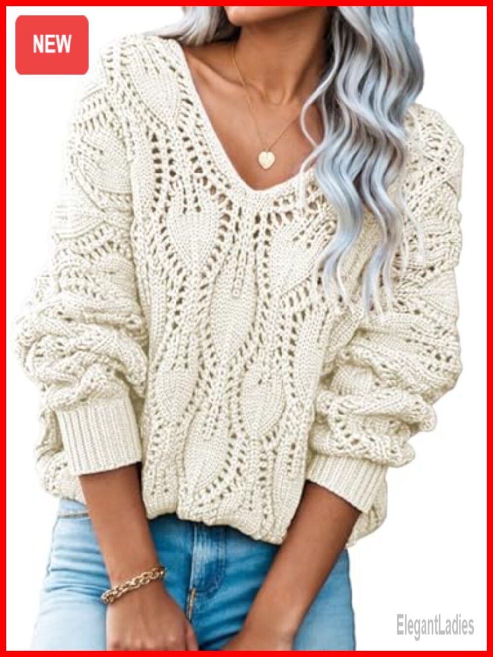 Crochet Hollow Out V Neck Pullover Sweater Long Sleeve Knit Top